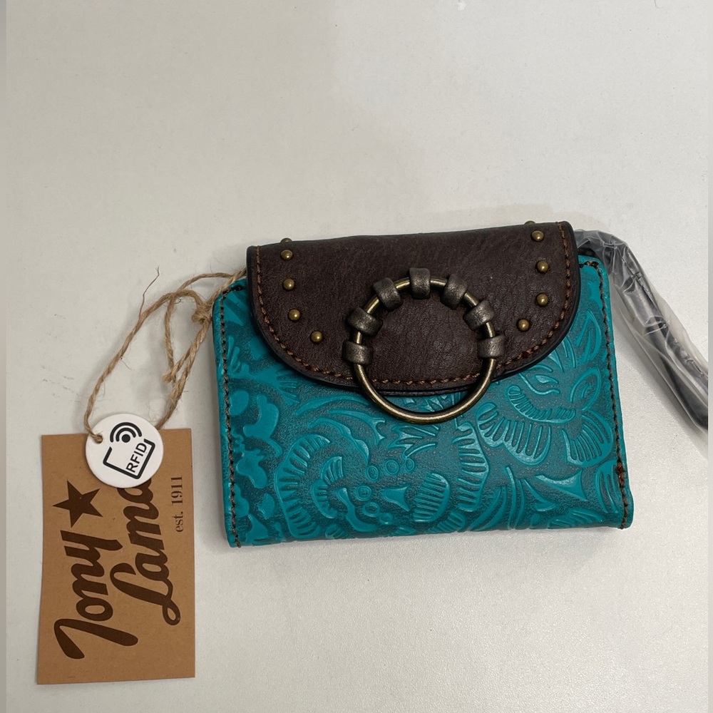 Tony Lama Teal Tooled Leather Wallet with Brown Flap